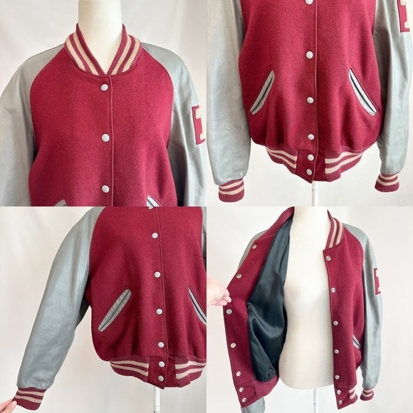 Vintage 50s Leather Wool 71 Varsity Letterman Jacket Snap Button Burgundy 42 Med - Picture 4 of 16